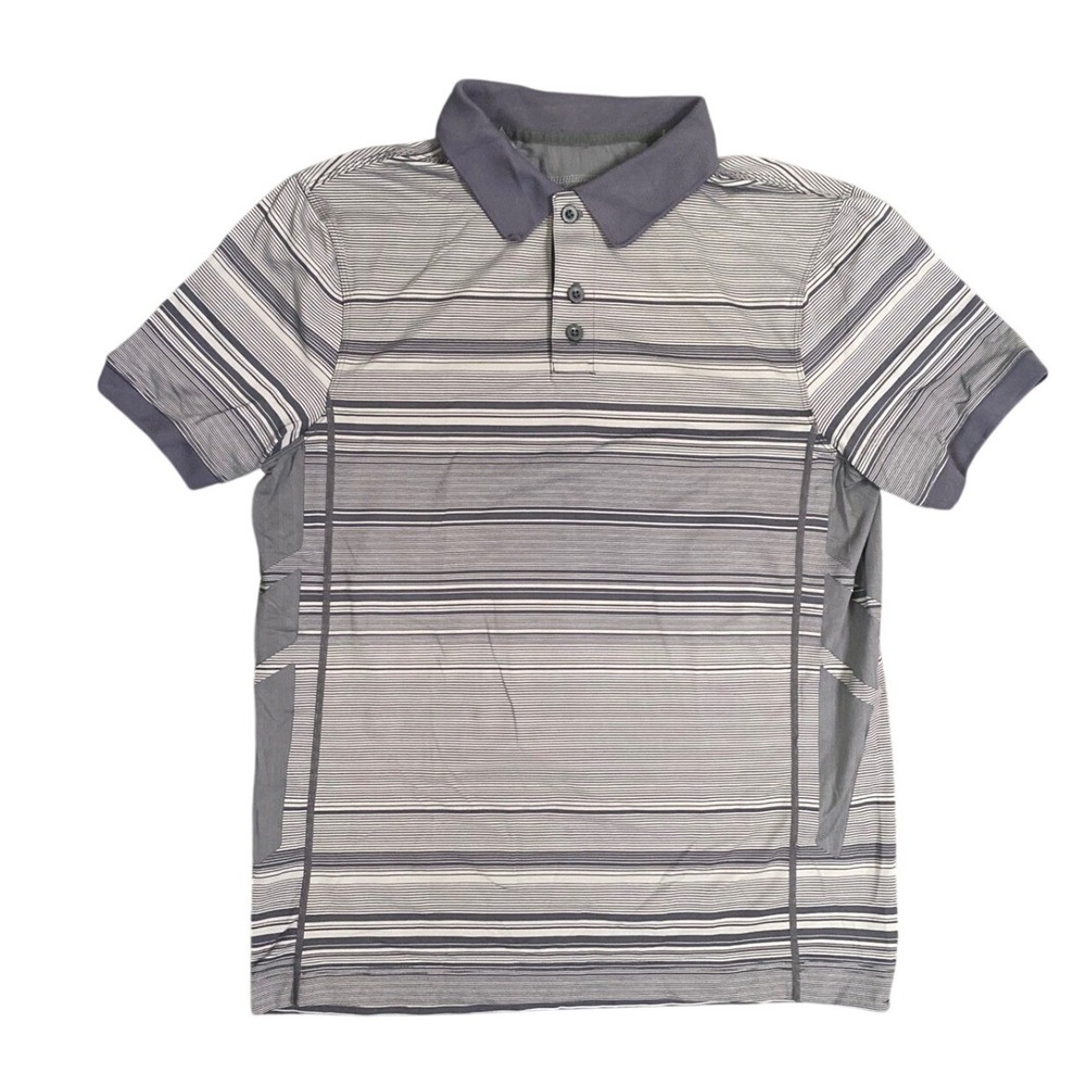 Lululemon Evolution Polo Shirt Gray Mens Medium‎ Striped Short Sleeve Activewear